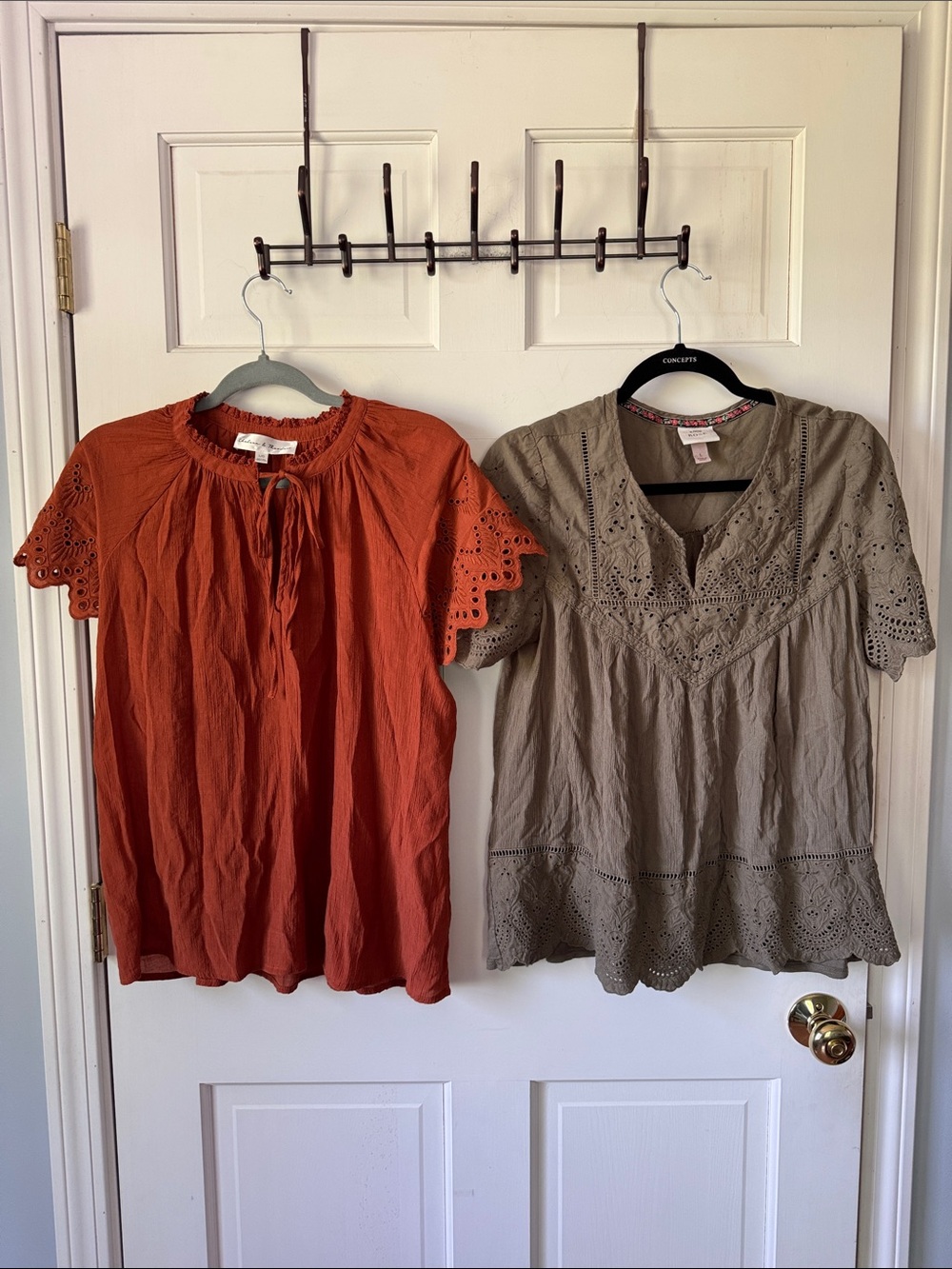 2 Women’s Eyelet Flutter Sleeve Tops  -Size L
